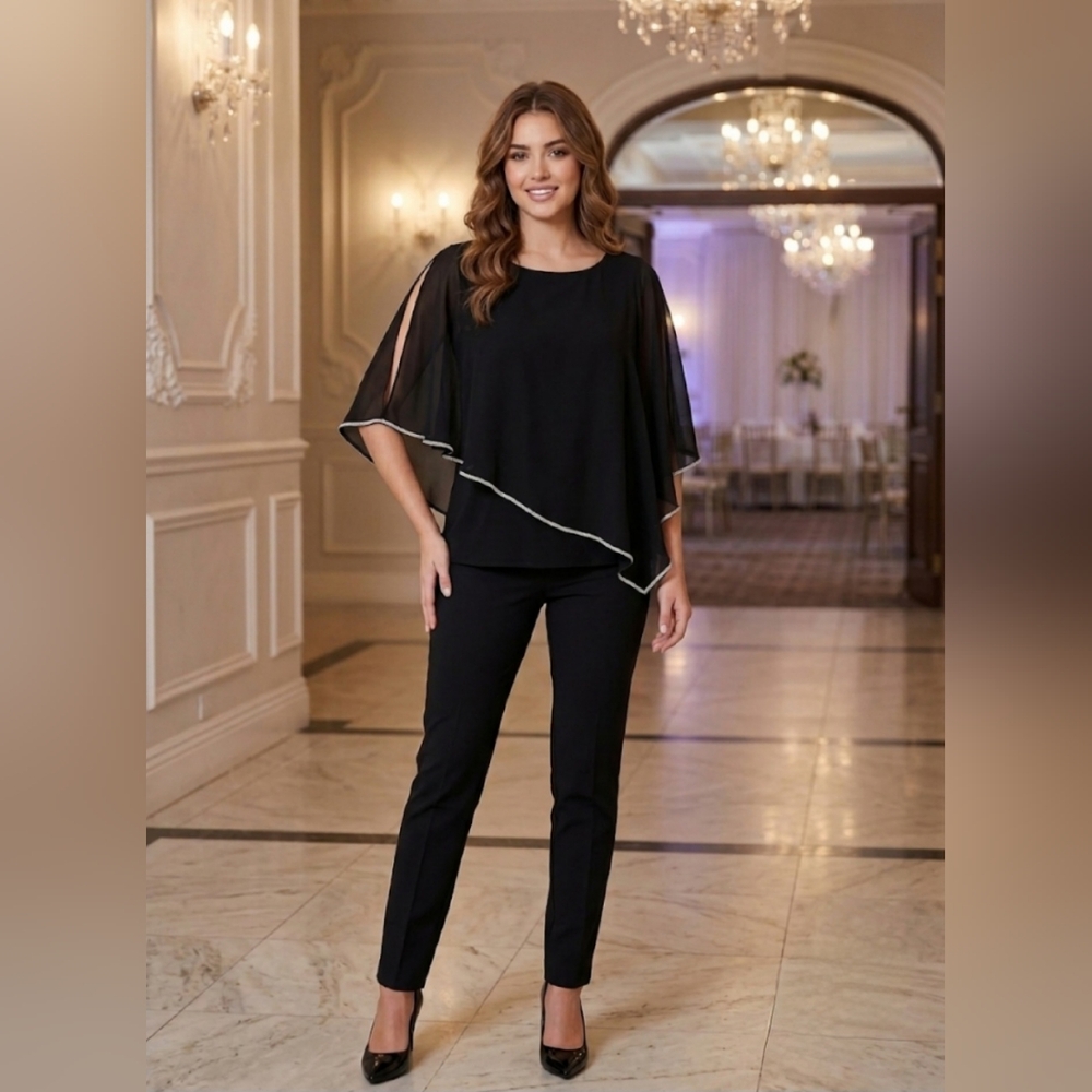 Frank Lyman Black Rhinestone Layered Chiffon Top Blouse Cold Shoulder | Size 14